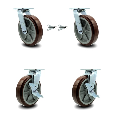Service Caster 8 Inch Polyurethane Caster Set with Roller Bearings 2 Swivel Lock 2 Brake SCC SCC-30CS820-PPUR-BSL-2-TLB-2